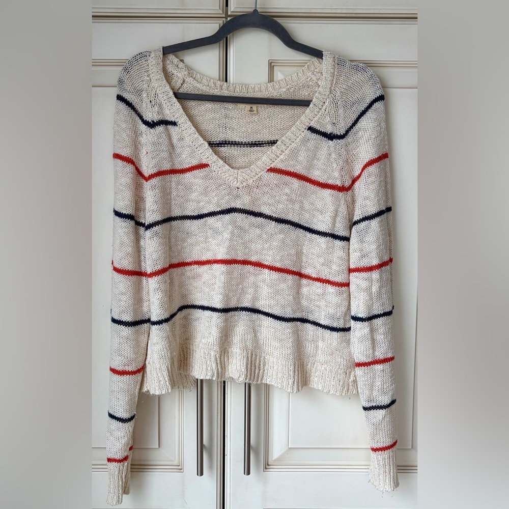 Rag Poets Cream Striped V-Neck Sweater with Navy & Red Bands. Lightweight. Med